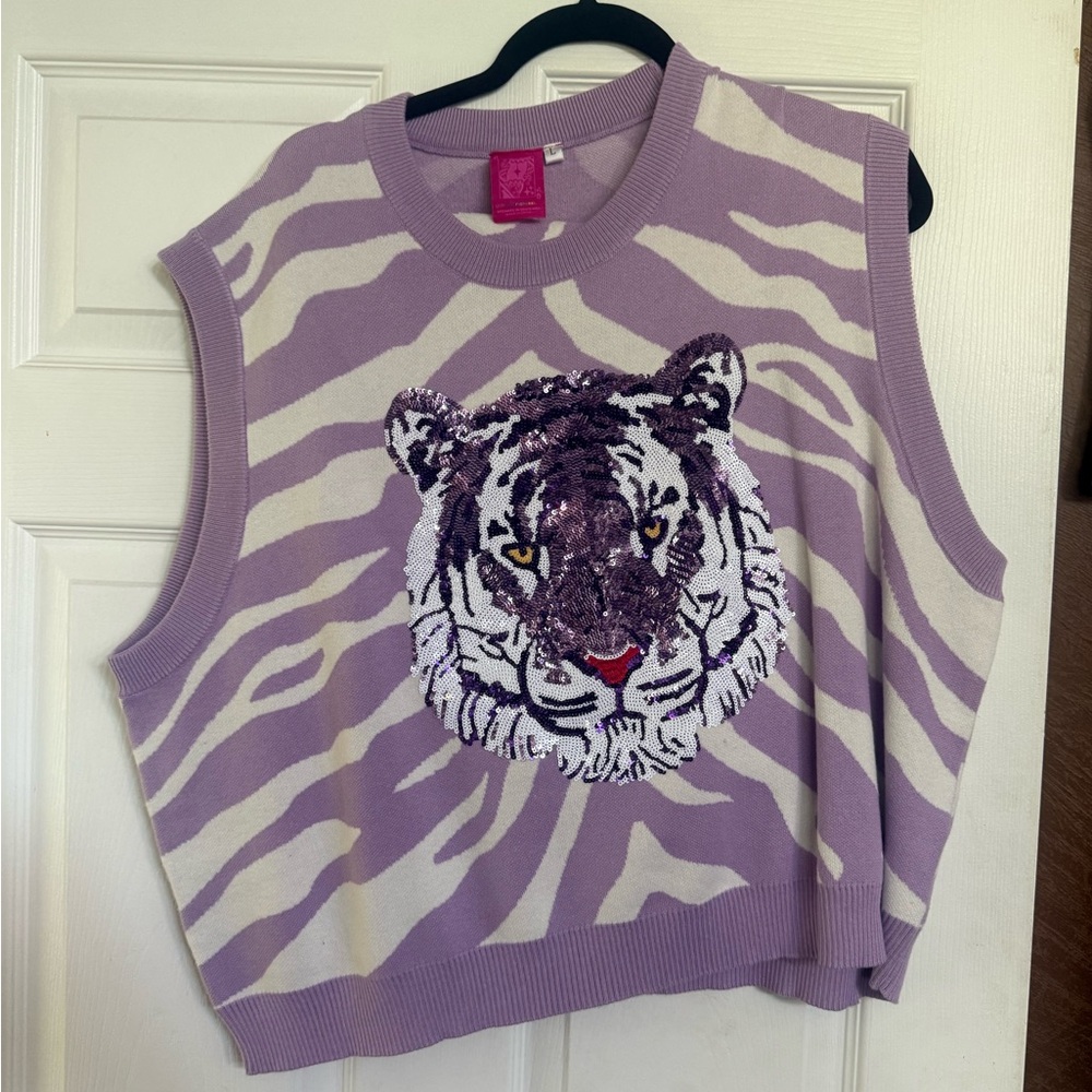 QUEEN OF SPARKLES Lavender and Cream Sequin Tiger Knit Vest and Skirt Set